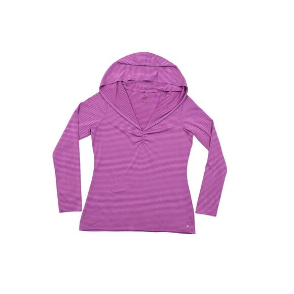 prAna Pink Pullover Hoodie - Polyester, L, V Neck Stretch Long Sleeve Striped - Picture 3 of 7